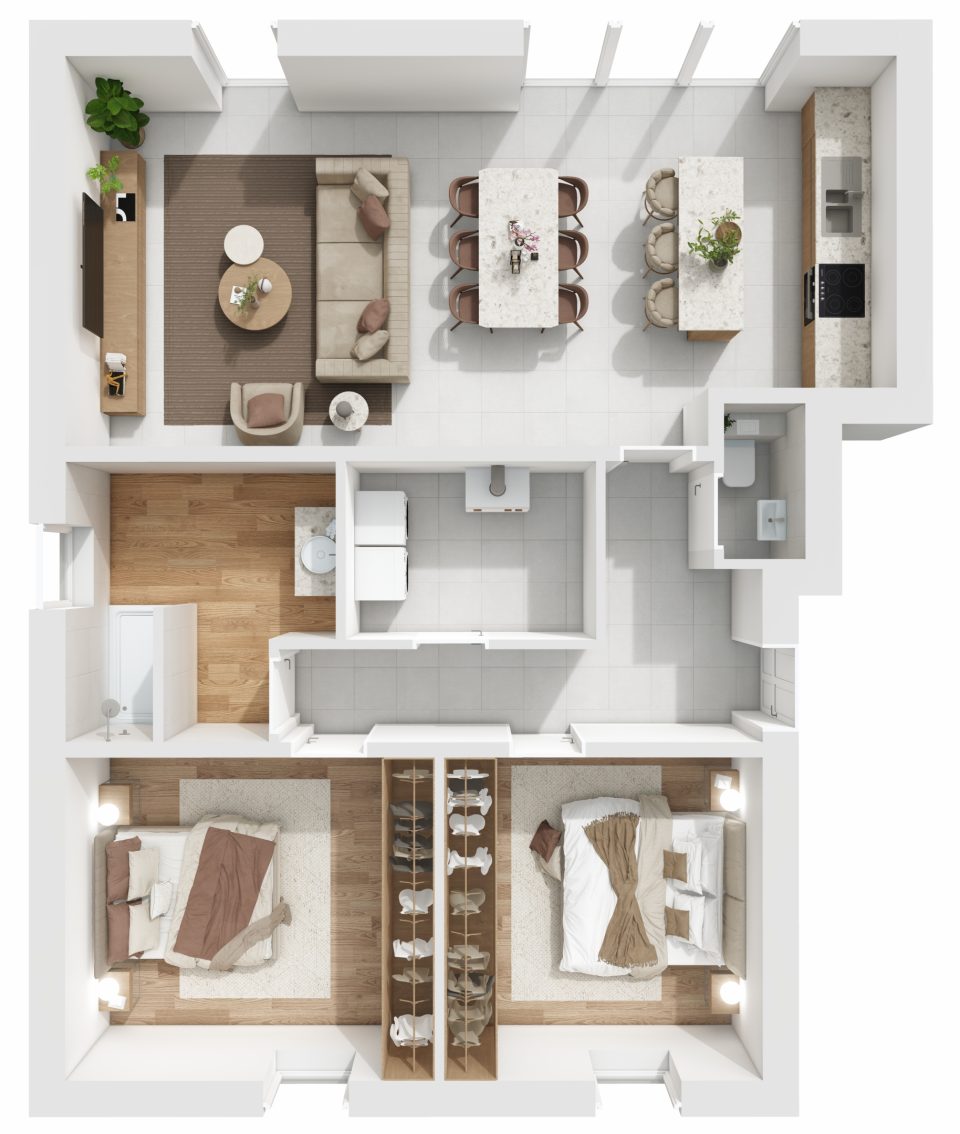 Plan 3D de l’appartement 1, 2 chambres, rez-de-chaussée, Résidence du Quai à Halanzy