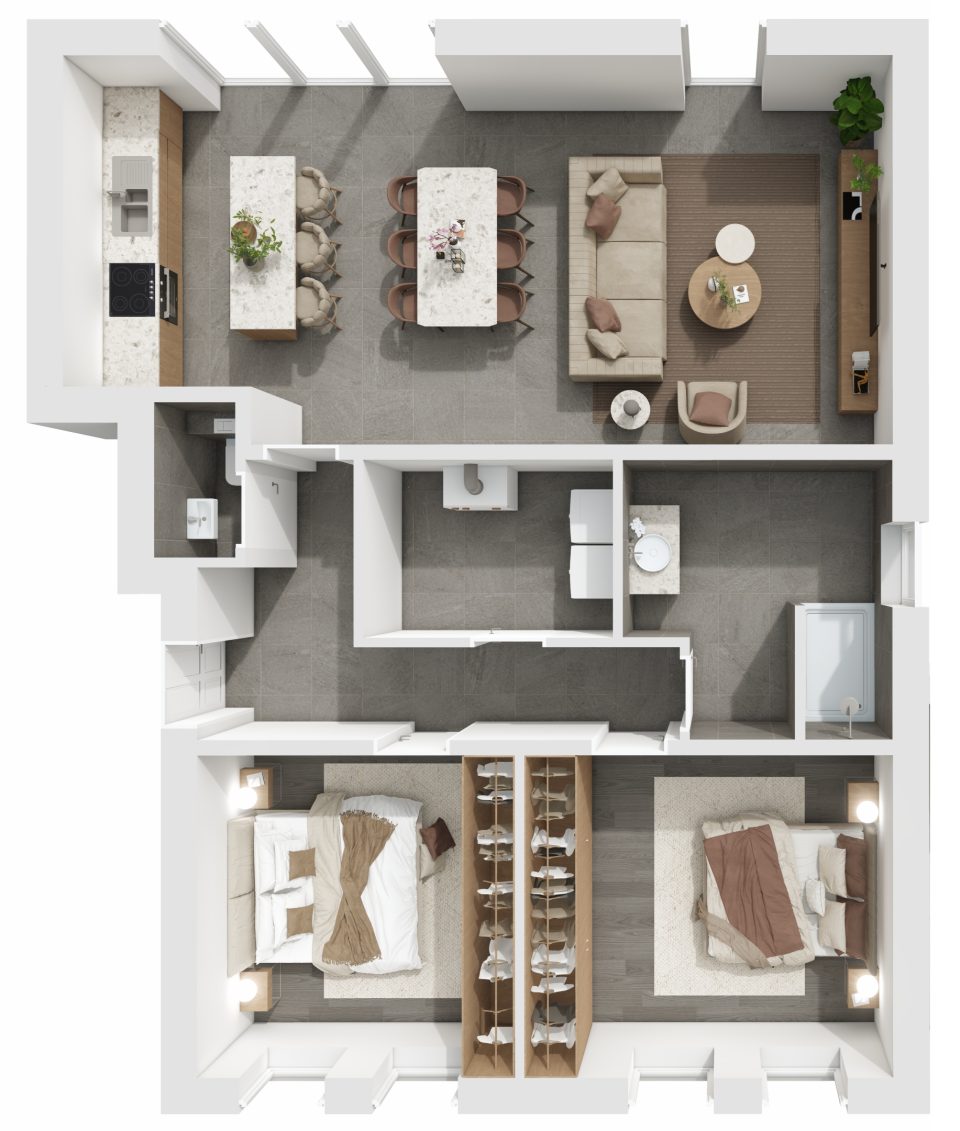 Plan 3D de l’appartement 2, 2 chambres, rez-de-chaussée, Résidence du Quai à Halanzy