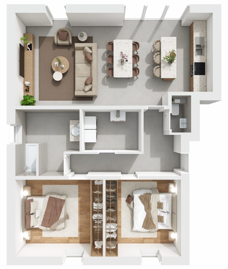 Plan 3D de l’appartement 3, 2 chambres, 1er étage, Résidence du Quai à Halanzy