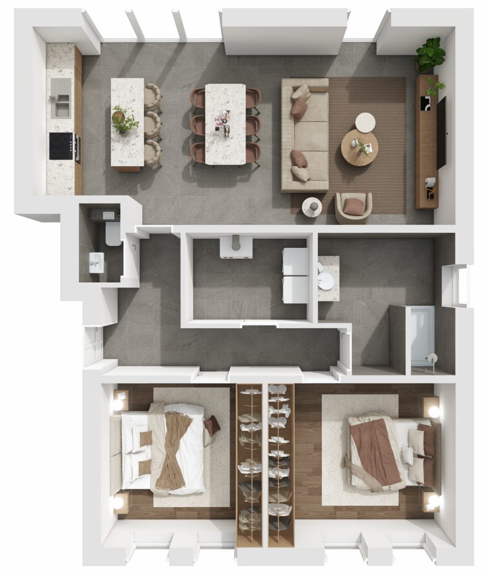 Plan 3D de l’appartement 4, 2 chambres, 1er étage, Résidence du Quai à Halanzy