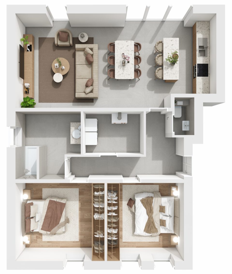 Plan 3D de l’appartement 5, 2 chambres, 2e étage, Résidence du Quai à Halanzy